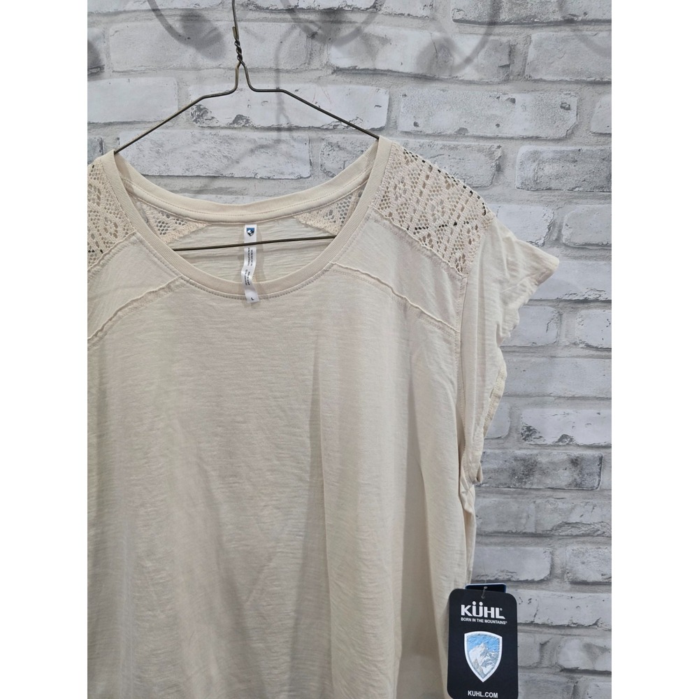 Kuhl Shilo L Short Sleeve 100% Organic Cotton Top Blouse Ivory Crochet Shoulder